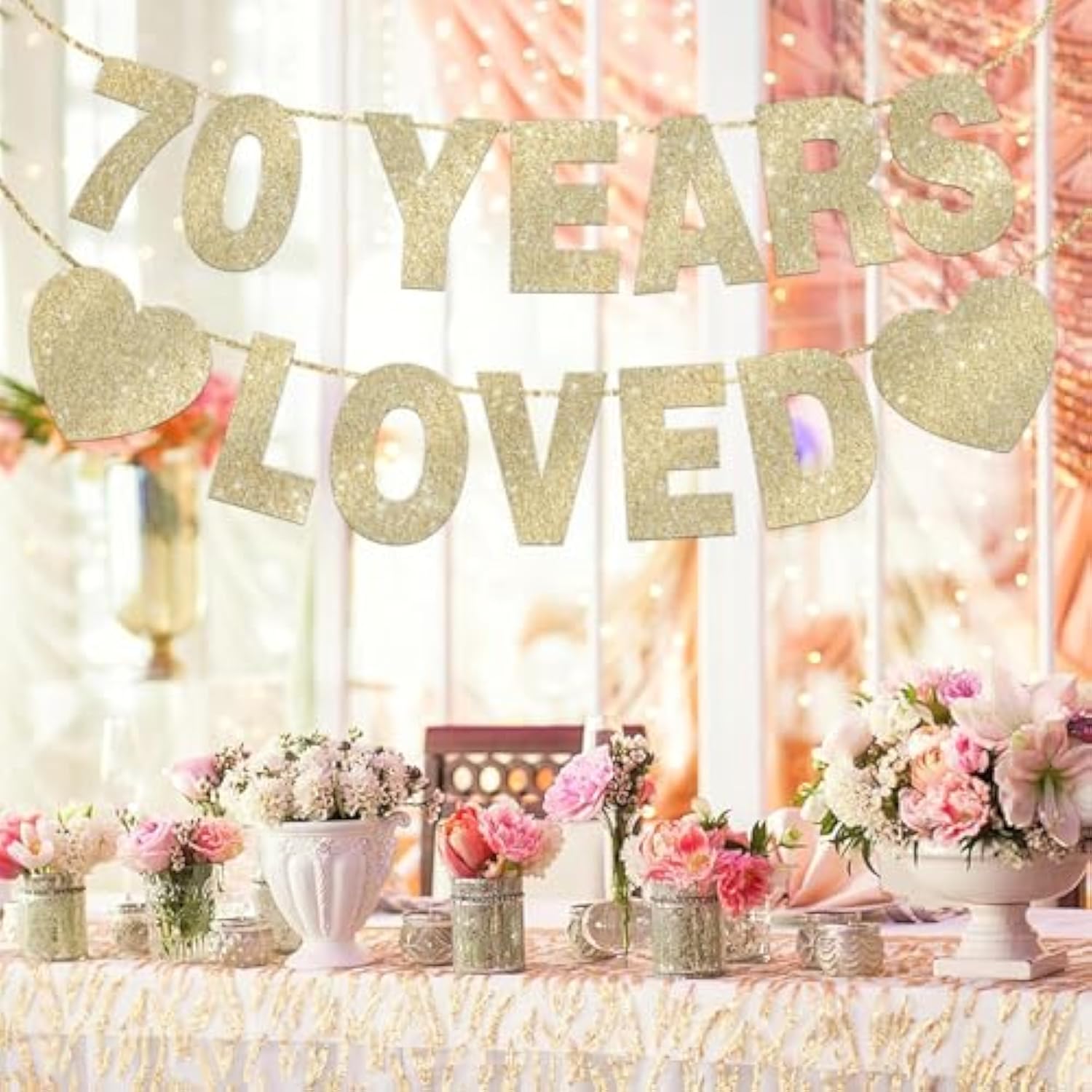 70 Years Loved Banner, Gold Glitter for 70th Birthday Decorations