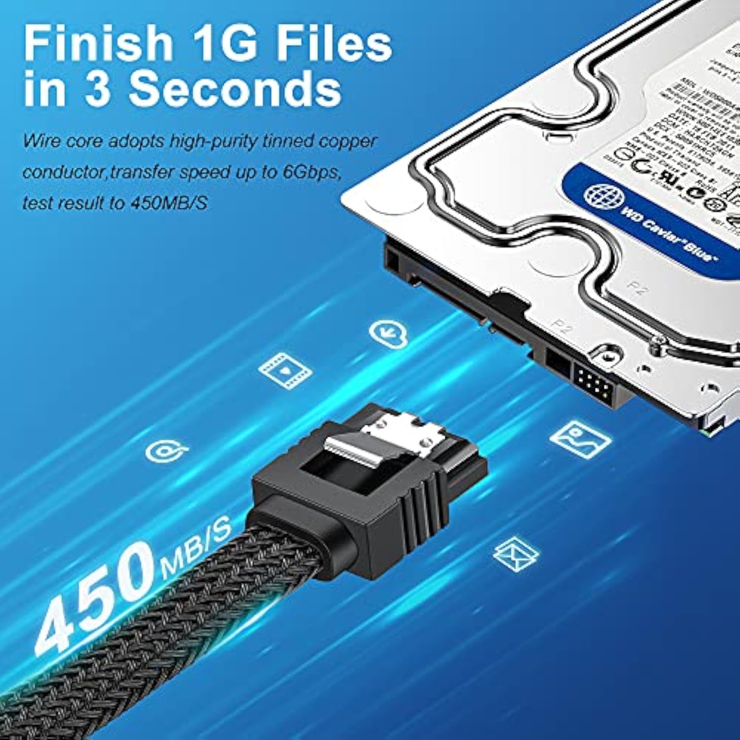 Sata Iii Cable, 6Gbps Straight Hdd Sdd Data Cable, Sata 3.0 Nylon Braided Cabl