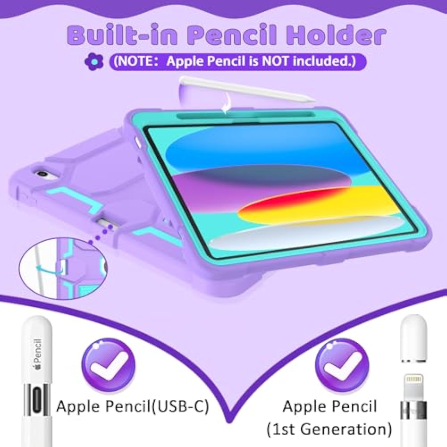Case For A16 11Th Generation 11 Inch 2025, 10Th Generation 10.9 Inch 2022, With Kickstand & Pencil Holder, Heavy Duty Shockproof Hybrid Protective Cover For Kids Girls, Purple+Green