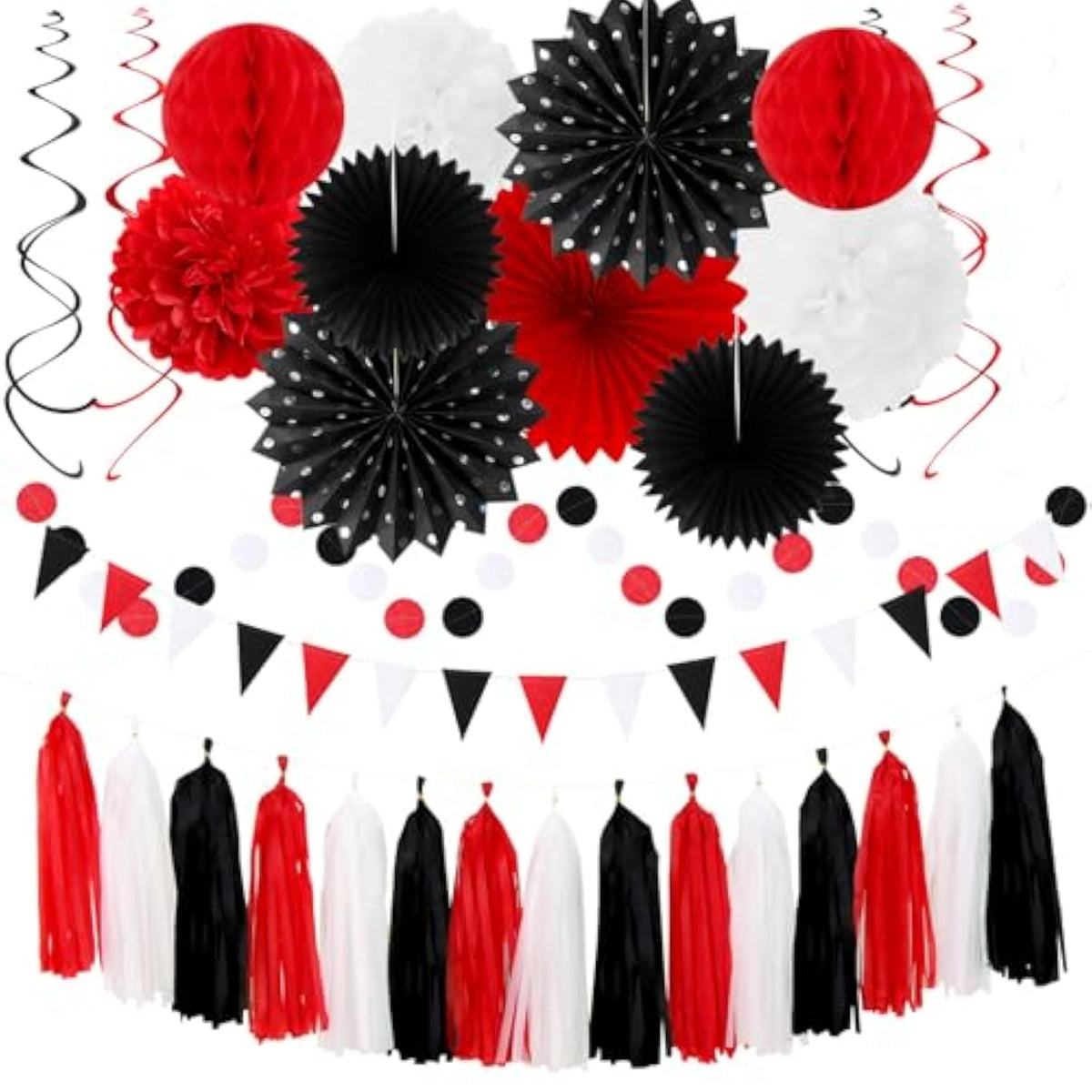 Black White-Red Party-Decorations - 33Pcs Birthday Banner,Streamers Tassel Garland,Tissue Pom Poms Honeycomb,Paper Lantern Fans,Men Women Wedding Baby Shower Graduation Backdrop Supplies Decor