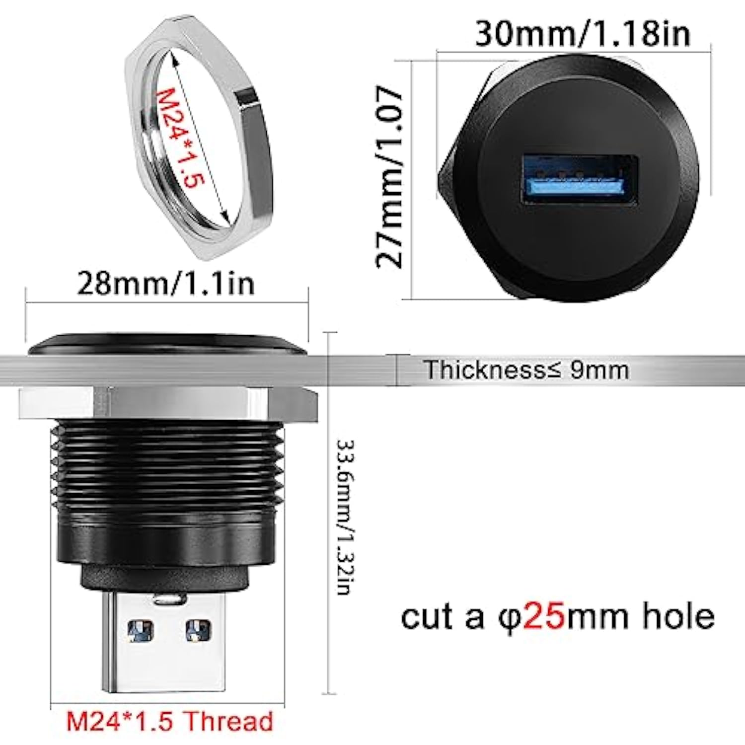 Usb3.0 Male To Female Threaded Fixing Adapter 5Gbps Usb3.0 Plug To Socket Roun