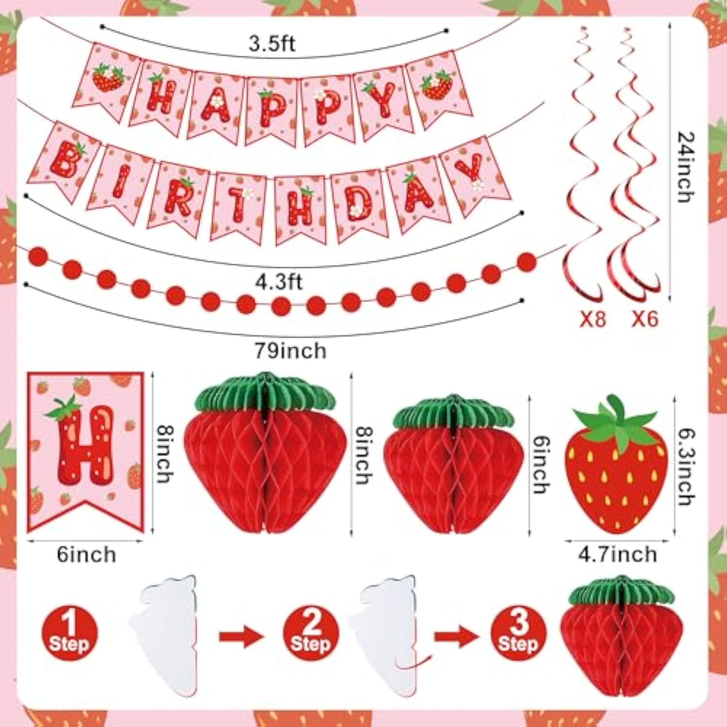 Strawberry Birthday Party Decorations Strawberries Happy Birthday Banner Honeycomb Balls And Hanging Swirls Strawberries Paper Banner Set For Strawberry Theme Birthdays Party Supplies