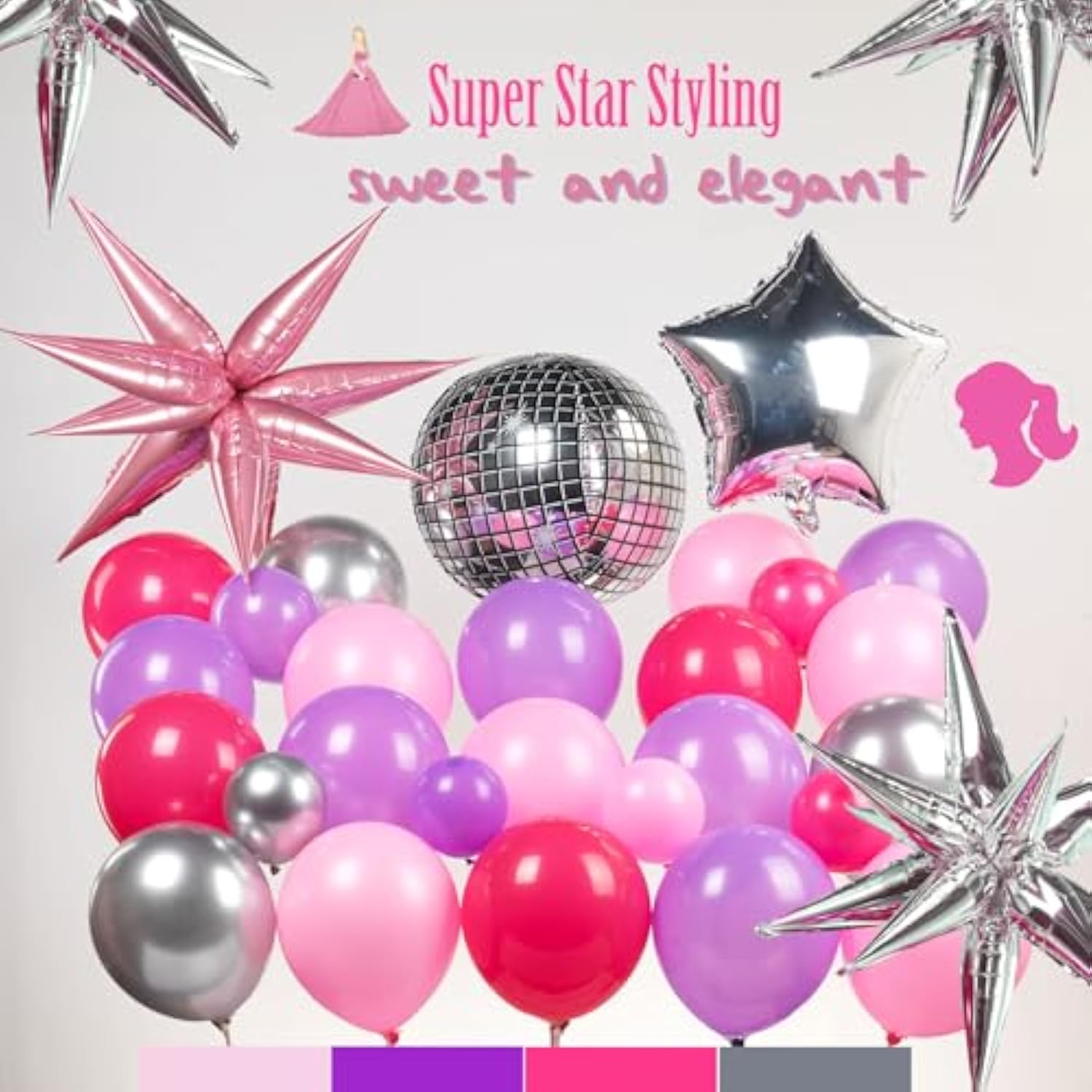 Pink And Purple Silver Balloon Garland Arch Kit 150Pcs Star Disco Ball Mylar Balloon For Girl Sweet16 Princess Birthday Music Fans Birthday 2025 Grad Concert Prom Mother'S Day Decorations