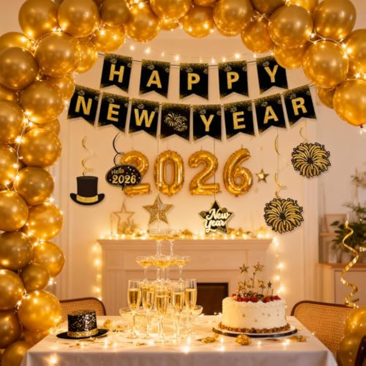 Happy New Year 2026 Black Gold Alphabet Banner Hanging Swirl Party Decor