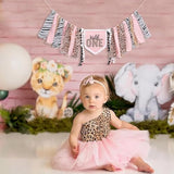 Girls Leopard Print High Chair Banner - Wild One High Chair Decors, Pink Jungle Party Cheetah One Year Birthday Decorations, Girls First Year Animal Banners