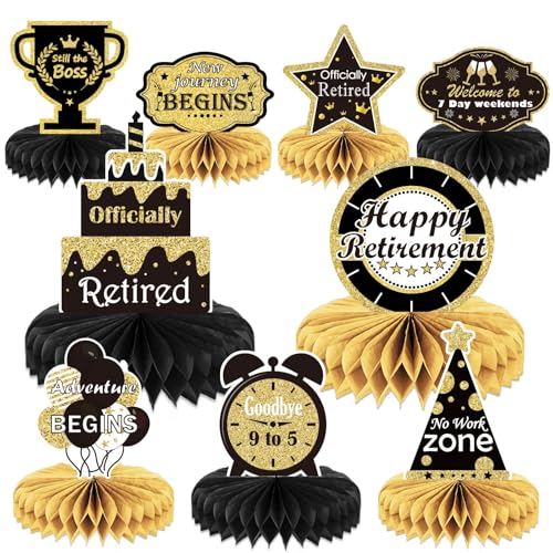 9PCS Retirement Party Decorations Gold Retirement Party Centerpiece Honeycomb Glitter Table Decorations Toppers for Happy Retirement Party Supplies Man and Women