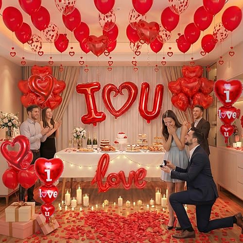 36in I Love You for Her/Him Balloons, 1126pcs Happy Anniversary Decorations with Red Heart Confetti Balloons Rose Petals, Heart Hanging for Valentines Anniversary Day Wedding Romantic Special Night