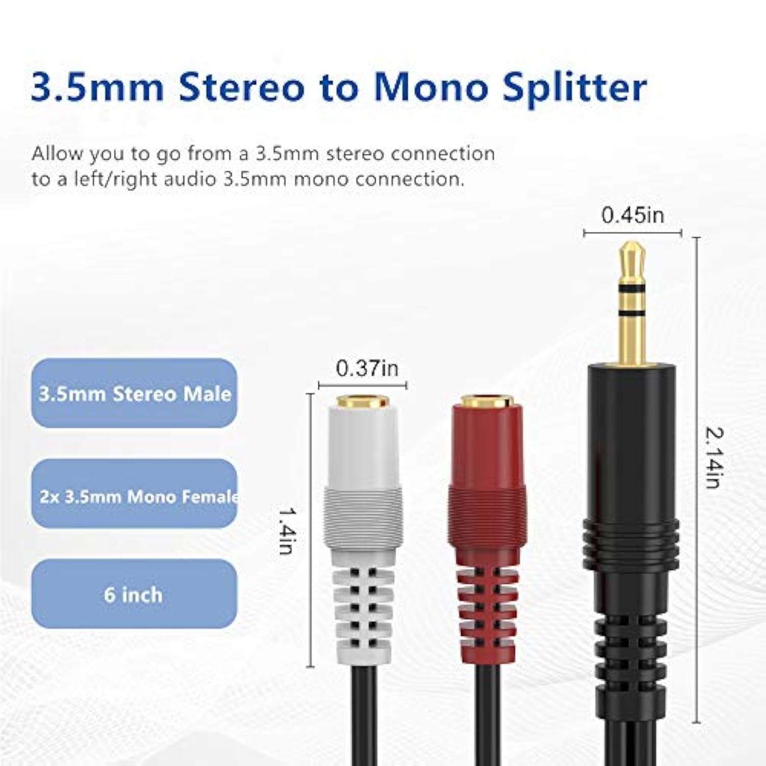 3.5Mm Stereo To Dual Mono Cable, 2 Pack 6Inch 1/8" Trs Male To 2 Ts Mono Female Adapter Gold-Plated Connector Audio Y Splitter Cord For Headphone, Speaker