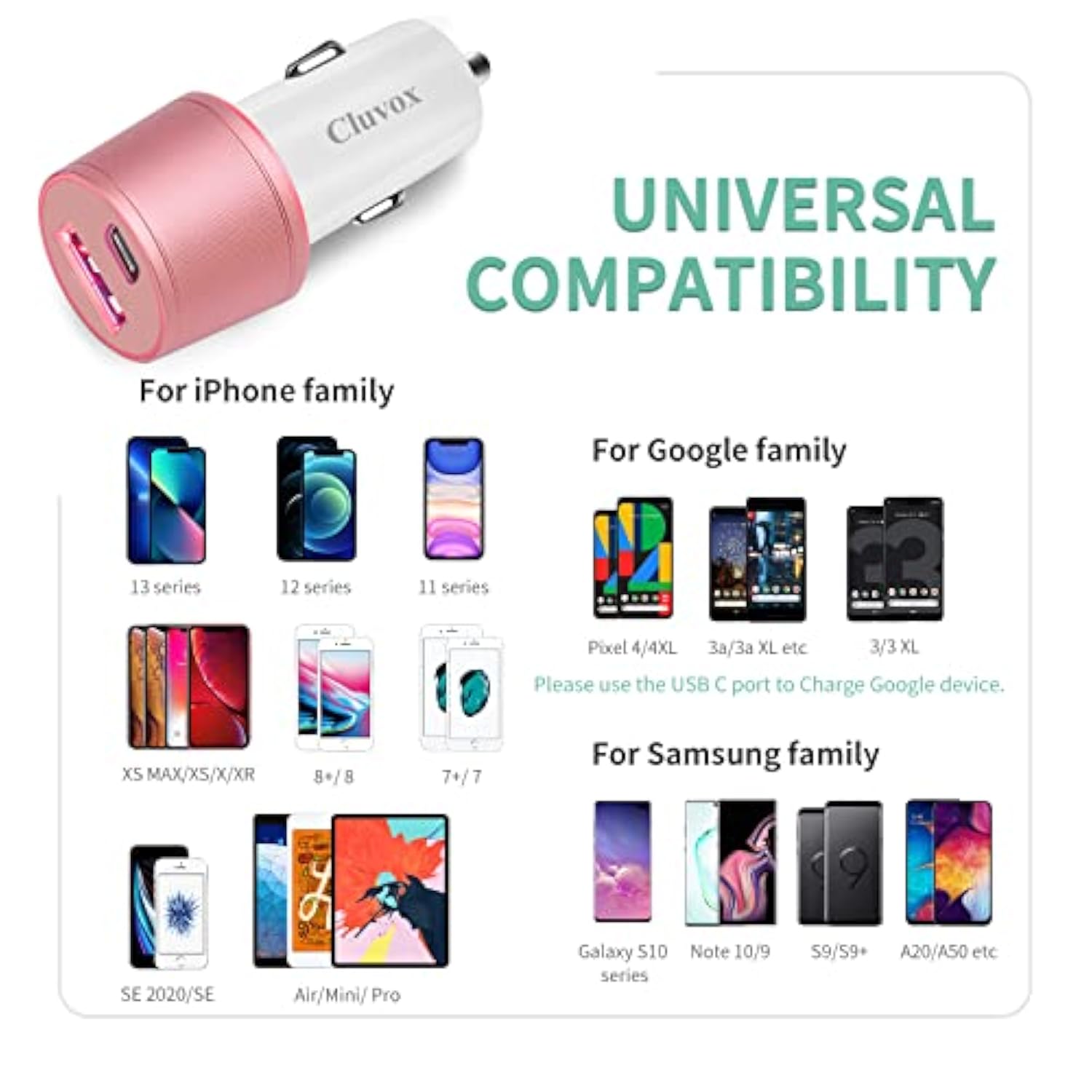 Dual Usb Car Charger Adapter, 20W Fast Charge For Iphone 16/15 Pro Max/Plus/14/13/12/11//Xs/Xr/8/Se 2020/Ipad 8Th/Pro/Air 4/Mini, Google Pixel 9, Samsung Cigarette Usb Charger - Pink