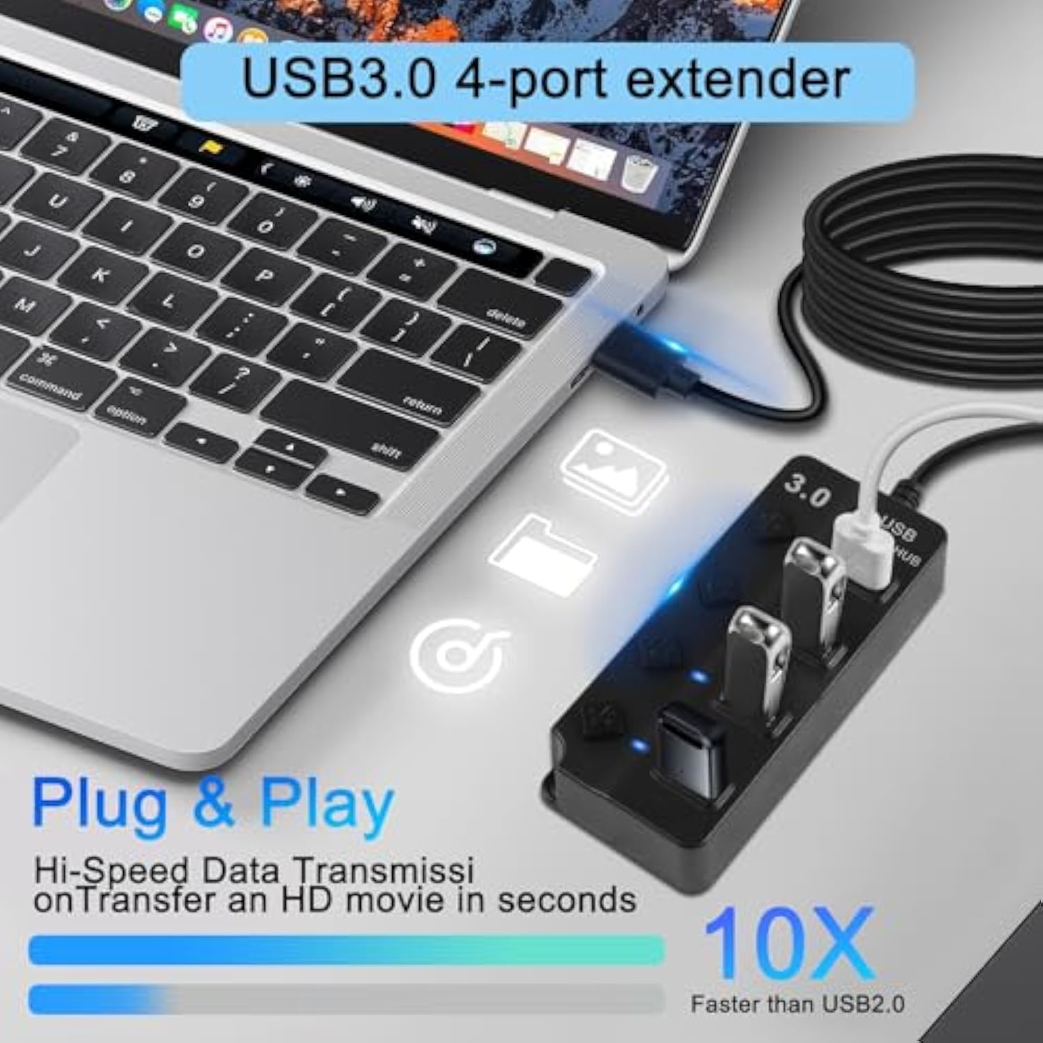 5Ft 4-Port Usb3.0 Expander Hub,Usb 3.0 Fast Data Hub With Individual Led Power