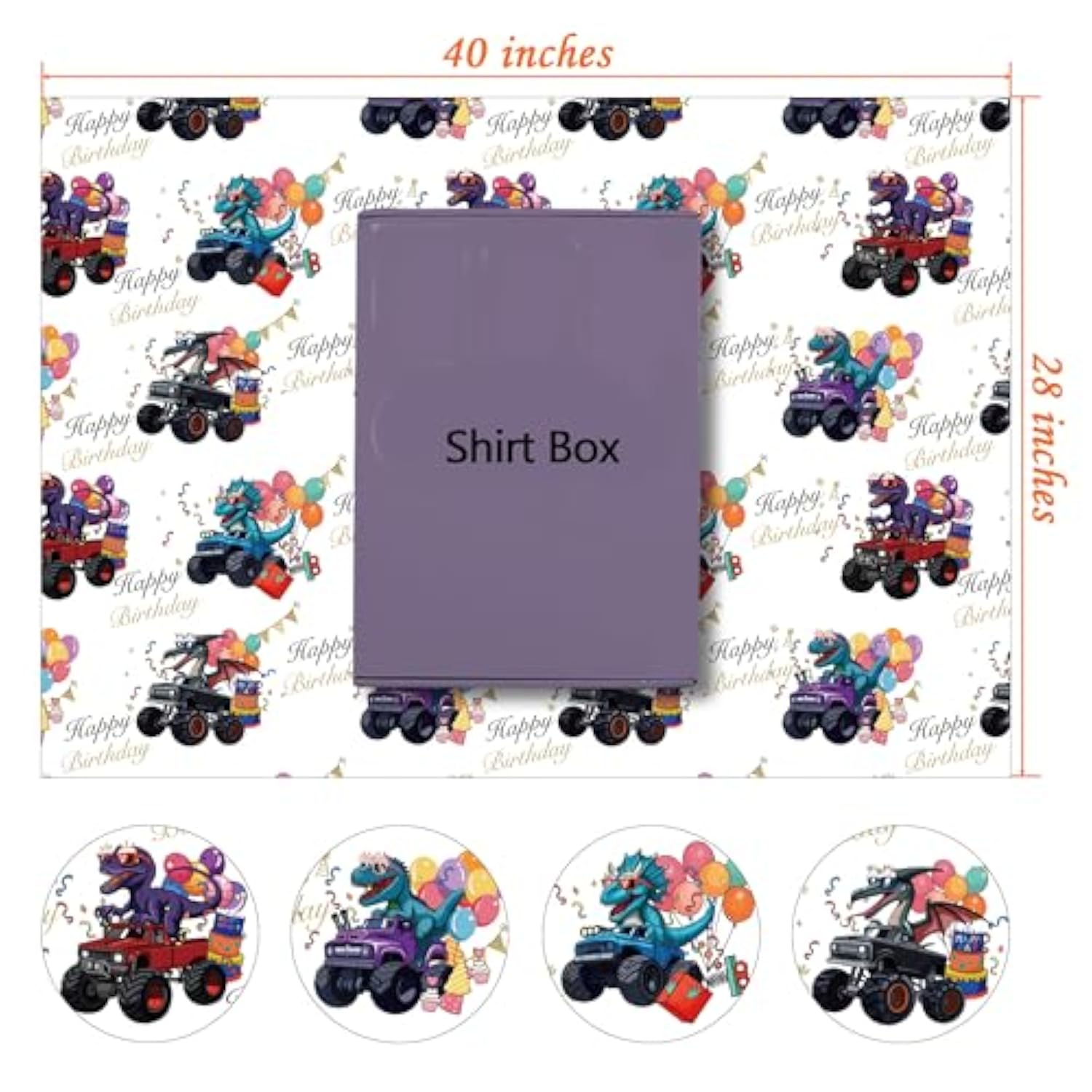 Dinosaur Wrapping Paper For Birthday – Monster Truck Balloon Gift Wrap For Kids Adult - 4 Folded Sheets 28 X 40 Inch, Easy To Store
