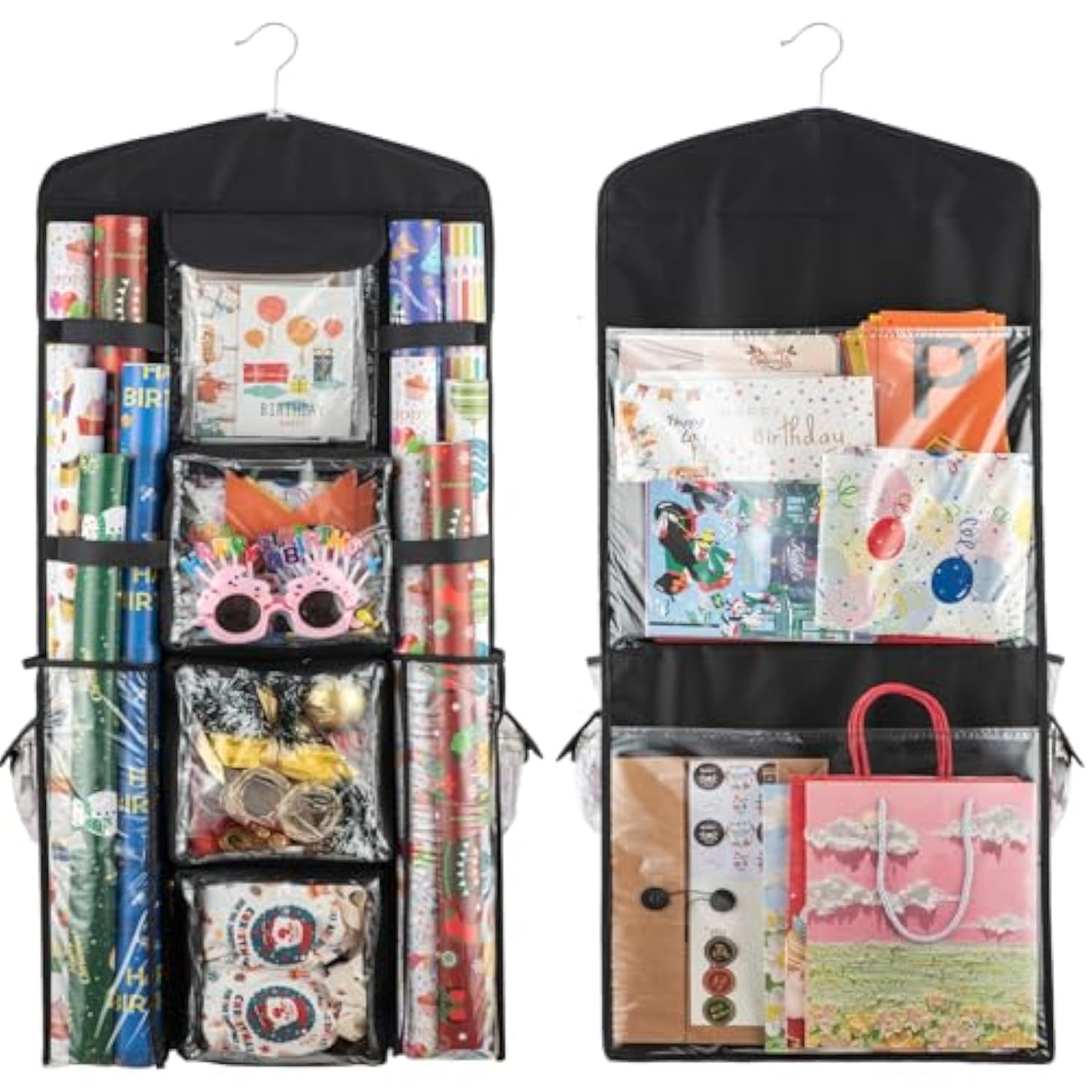 Christmas Wrapping Paper Organizer Storage, Hanging Gift Bag Storage Organizer, Double-Sided Wrapping Paper Holder Storage - Black