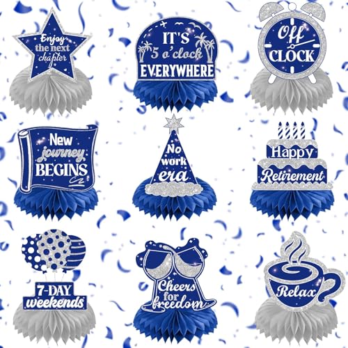 9 Pcs Retirement Party Decorations, Blue Silver Retirement Table Honeycomb Centerpieces, Retire Centerpieces for Tables Topper for Men, Women Happy Retire Decorations Party Supplies.