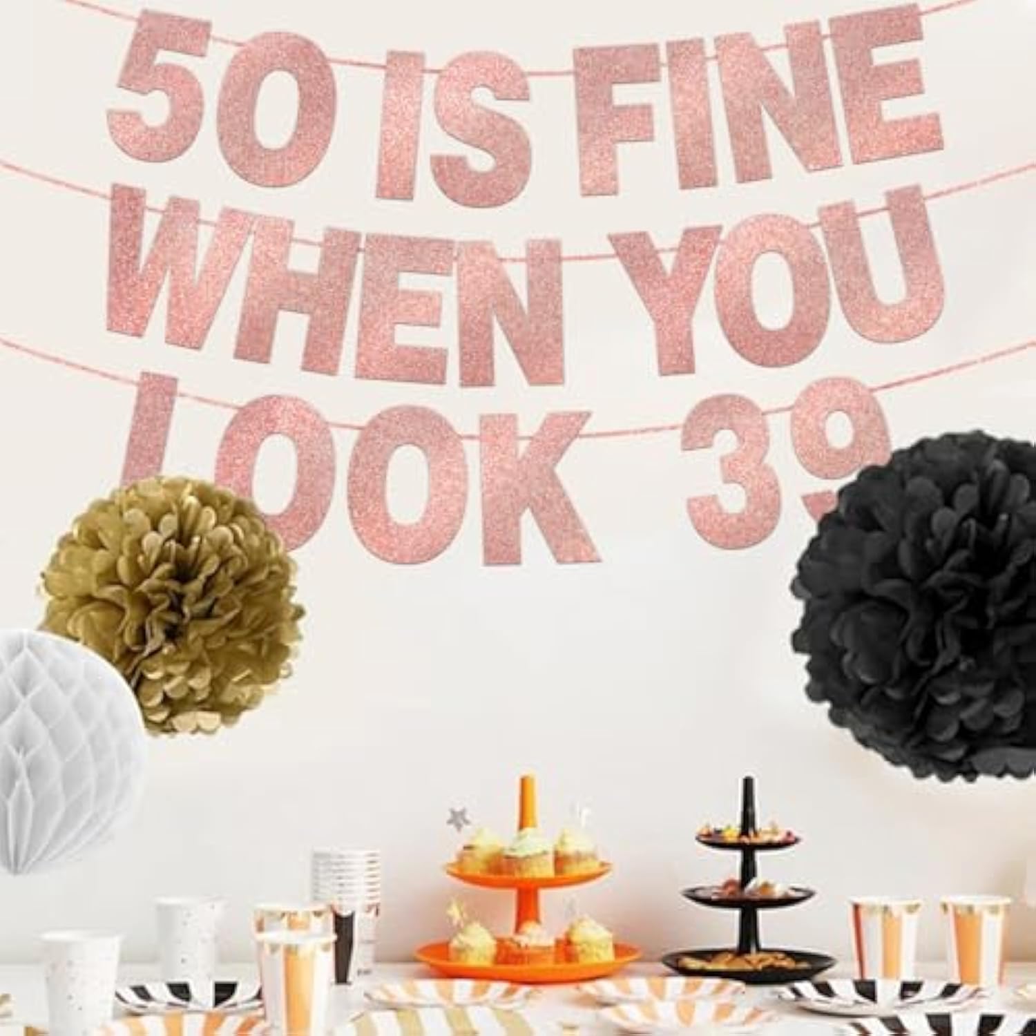 50 Is Fine When You Look 39 Banner Rose Gold Glitter 50th Birthday Decor