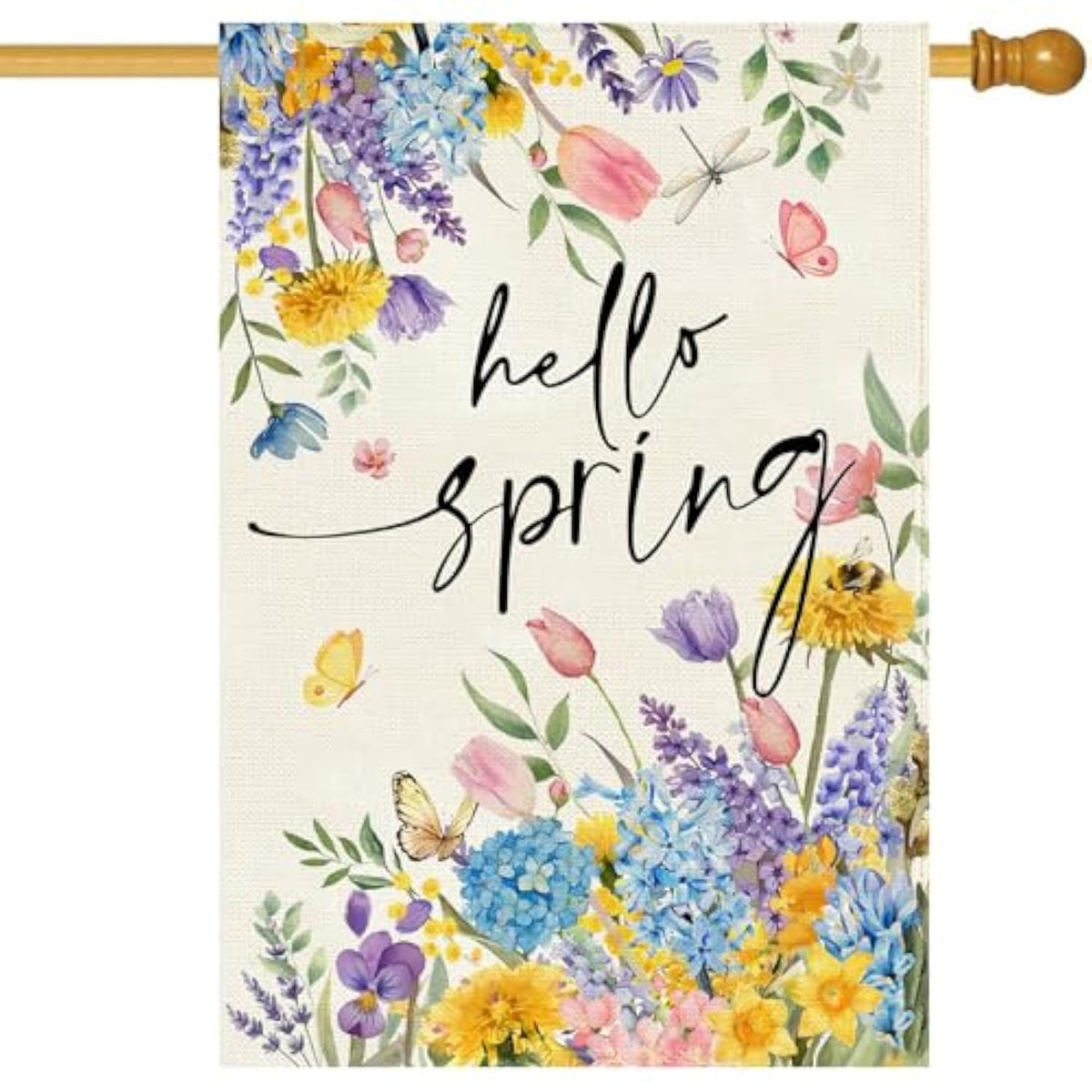 Spring Floral House Flag Burlap Double Sided 28X40 Inch Outside, Hello Spring Cute Tulip Flowers Large Garden Flag Holiday Outdoor Decoration