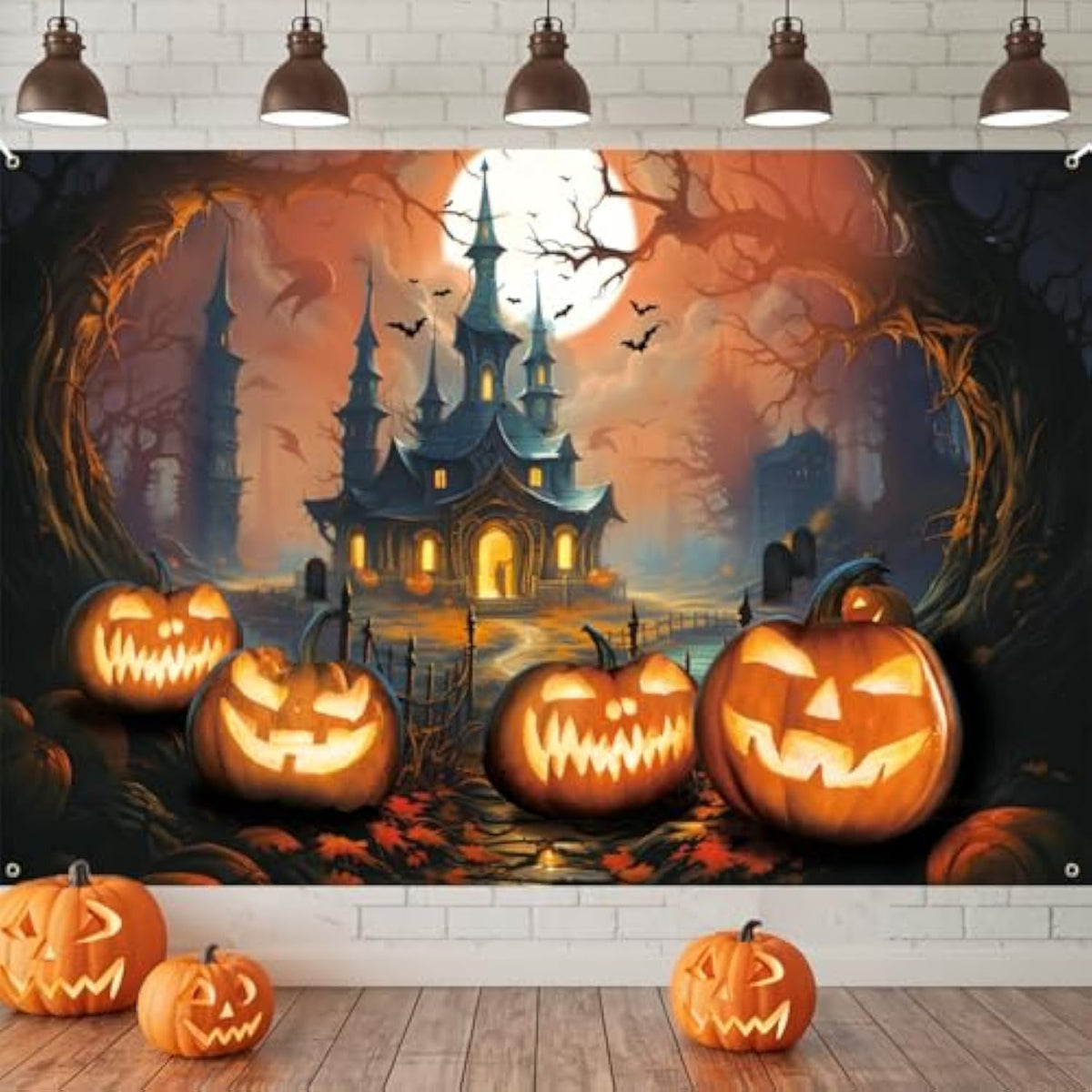 Halloween Banner Large Fabric Photo Booth Pumpkin Castle Moon Backdrop Party Decor