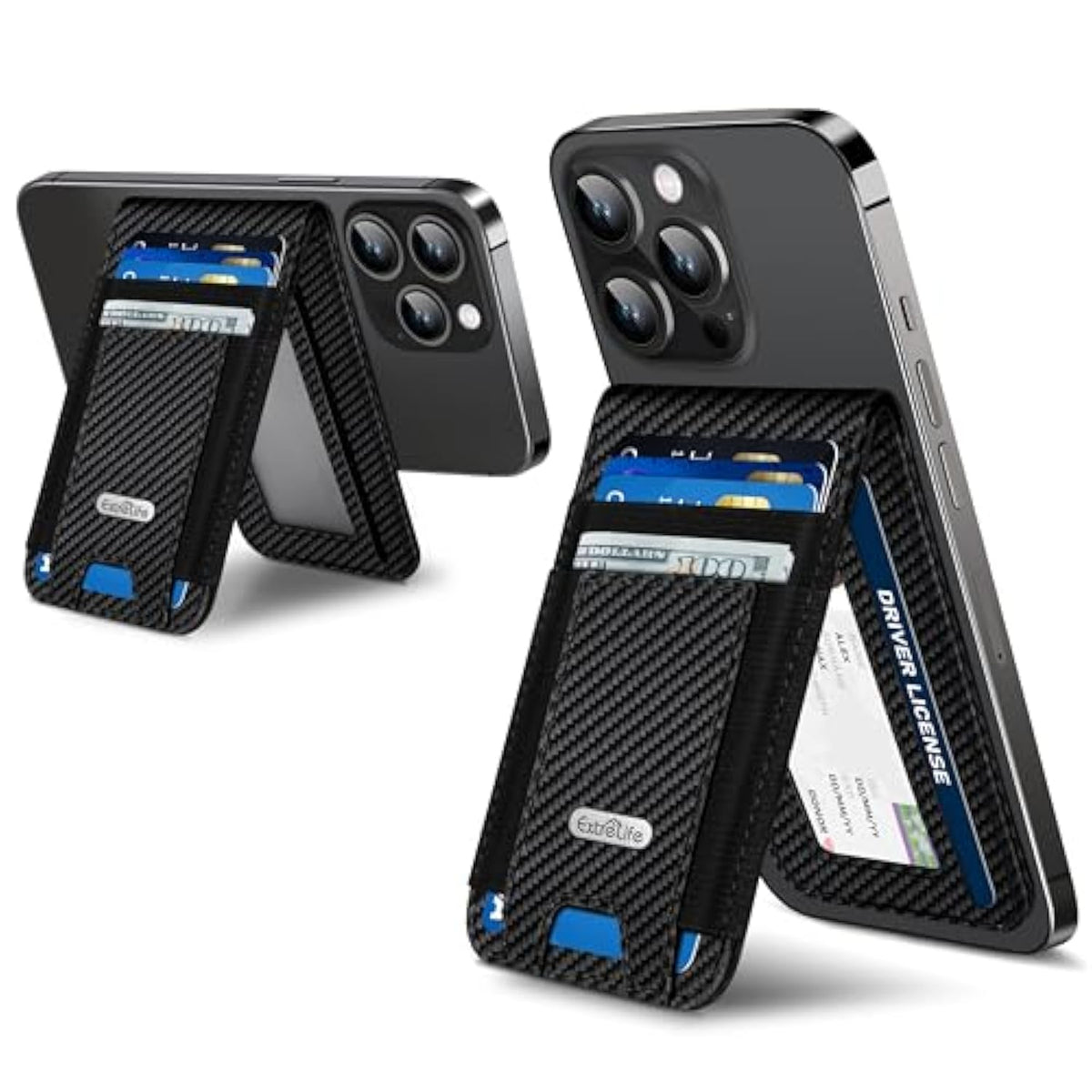 For Magsafe Wallet Stand, Strongest Magnetic Wallet For 16/15/14/13/12 Series, Id Window, 4 Card Slots, Fit 9 Cards, Vegan Leather, Rfid Blocking, Black Carbon Fiber