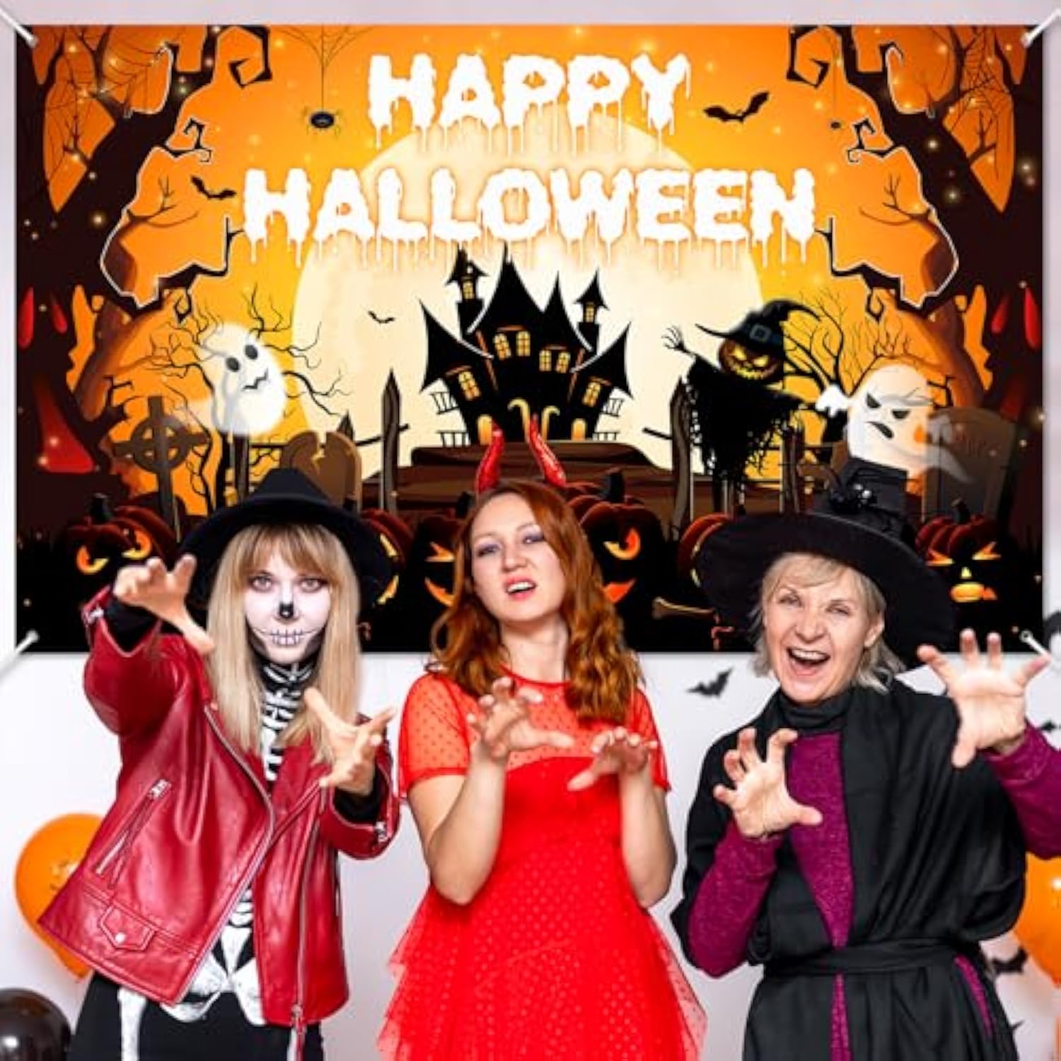 Happy Halloween Banner Orange Black Spooky Pumpkin Party Decorations Backdrop 6x3.6ft