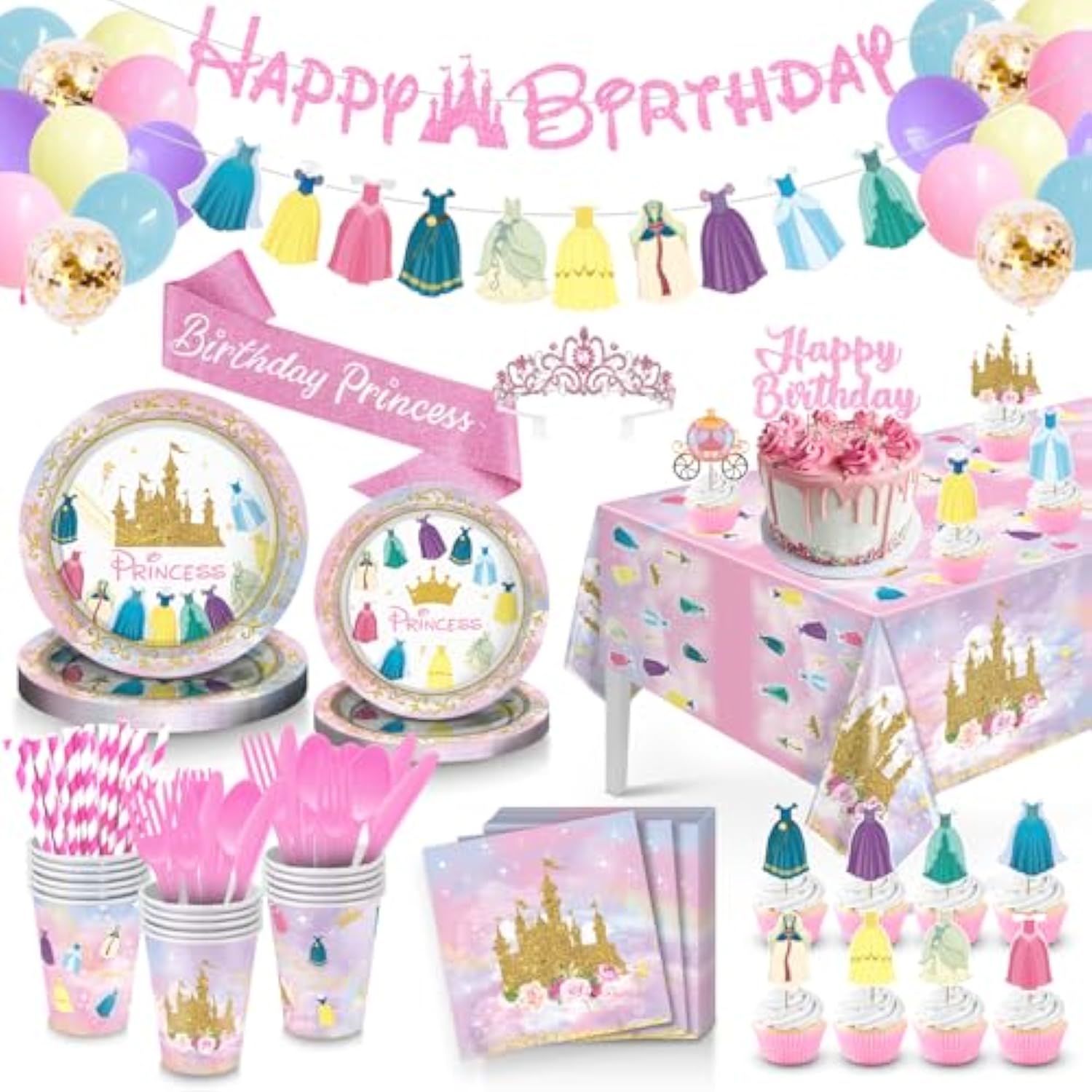 Princess Birthday Party Decorations, 166Pcs Princess Party Girls Decorations Set Includes Prin Cess Plates Napkins Cups Tablecloth Serve 16, Shoulder Strap Crown, Banner Garland Cake Toppers Balloons