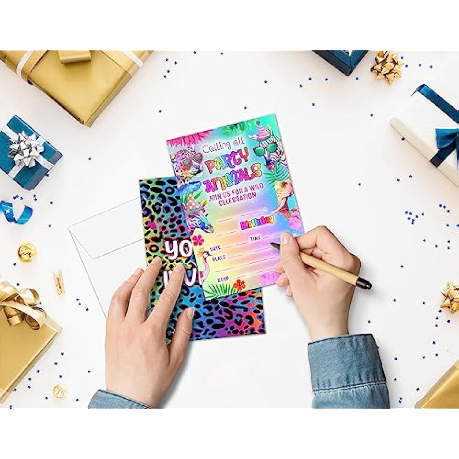 Party Animal Birthday Invitations, Safari Jungle Birthday Party Invitations For Girls Boys Kids, Rainbow Cheetah Fill In Birthday Invites, Decorations, Favors, 20 Invitations With Envelopes (D11)