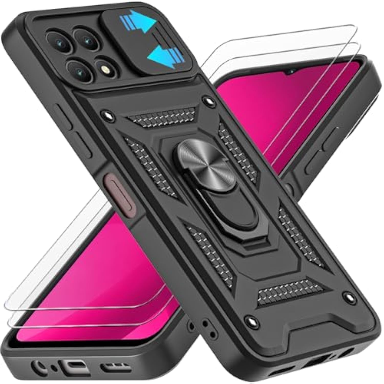 For Revvl 7 5G With Slide Camera Cover, 2 Tempered Glass Screen Protectors, 360 Ring Kickstand [Military Grade] Case (Black)