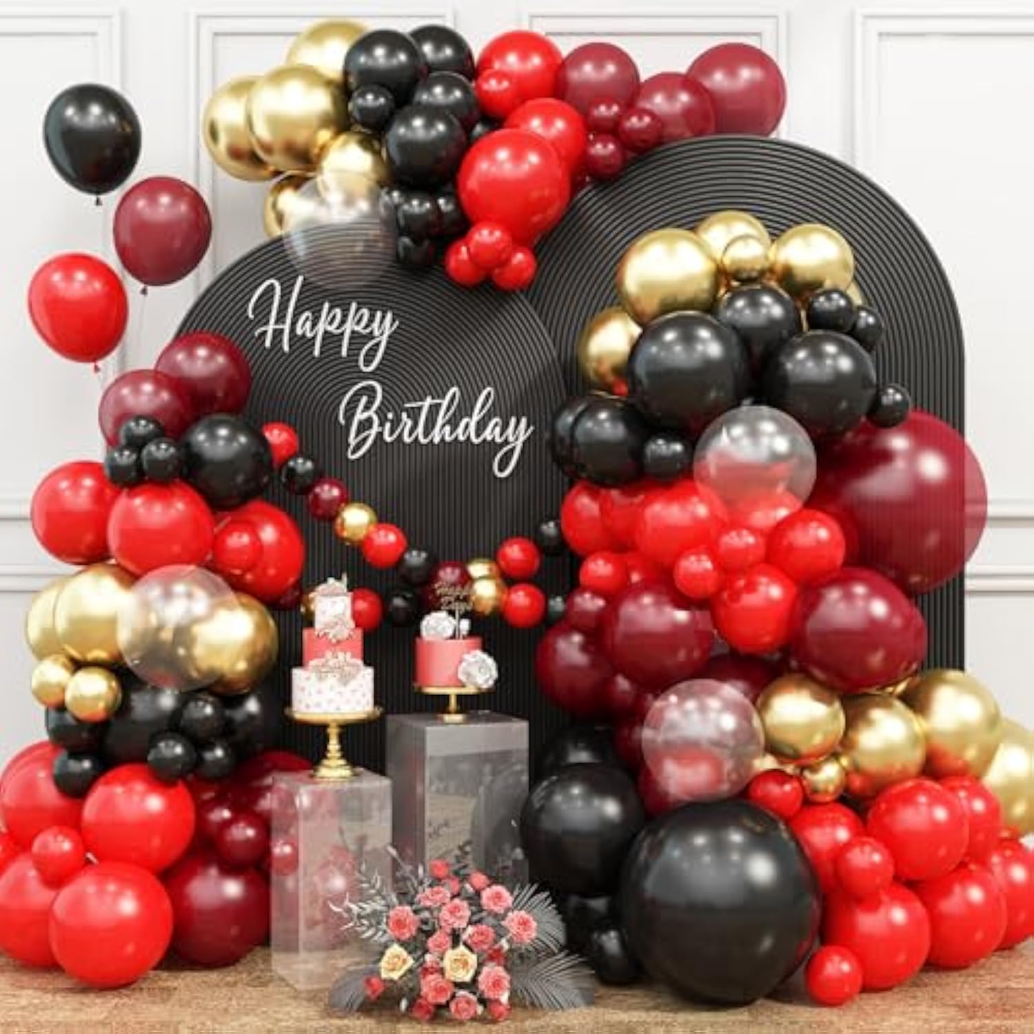 Maroon Gold Black Balloon Arch Red Burgundy Gold Garland for Party Decorations