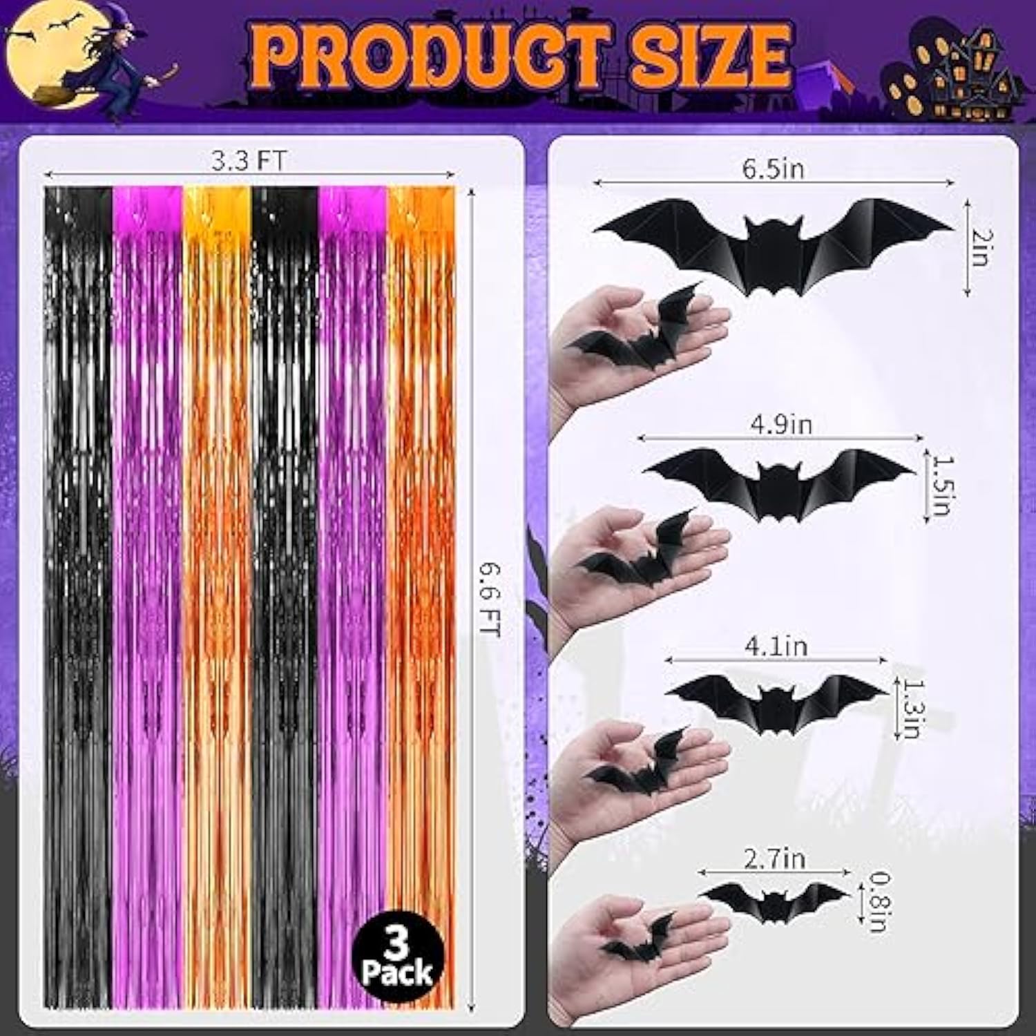 3 Pack Halloween Foil Fringe Curtains 3.3x6.6ft Backdrop with 16 Bat Decorations