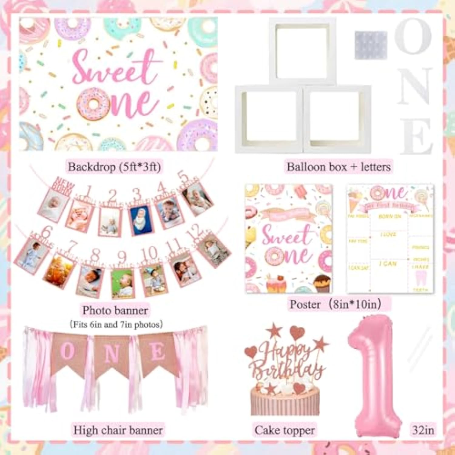 128pcs Sweet One 1st Birthday Kit with Balloon Boxes, Backdrop & Candy Decor