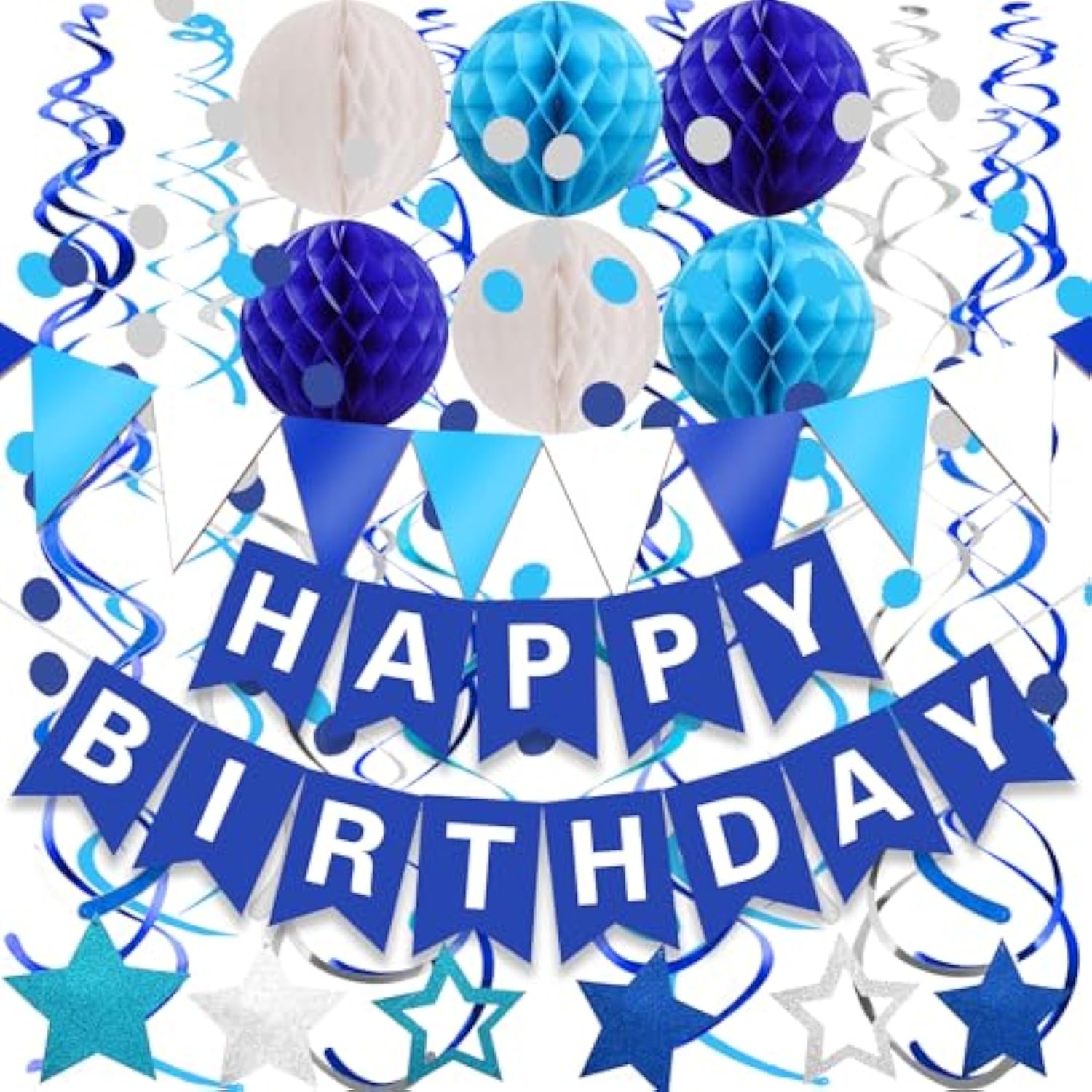 23PCS Navy Blue Birthday Decor Set – Banner, Swirls, Garland & Honeycombs
