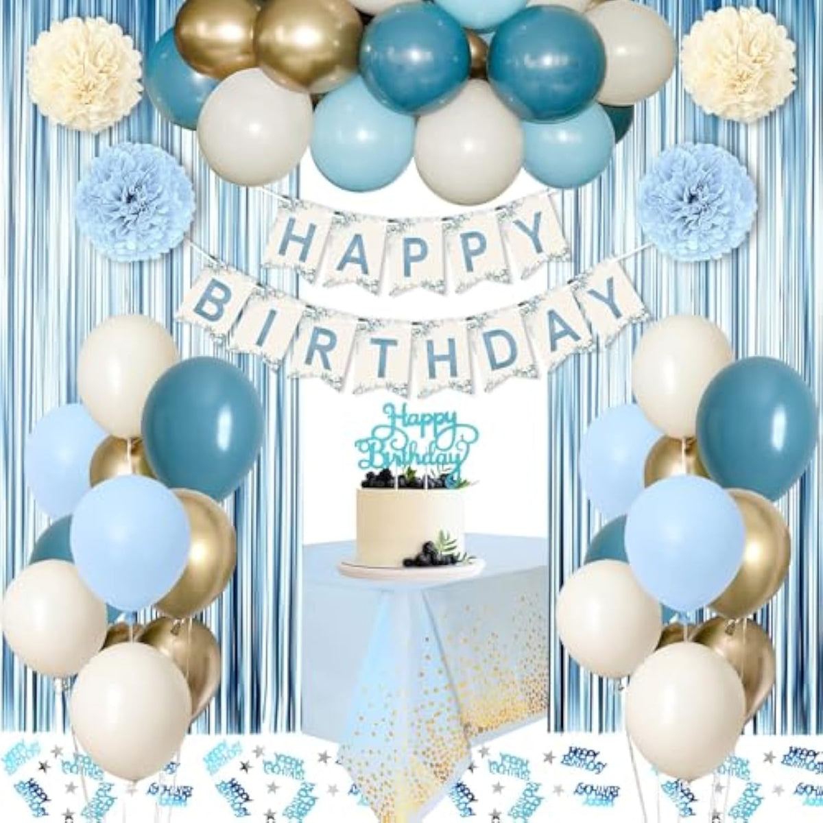 Dusty Blue & Gold Birthday Decor Set - Balloons, Banner, Pom Poms, Curtain and Tablecloth