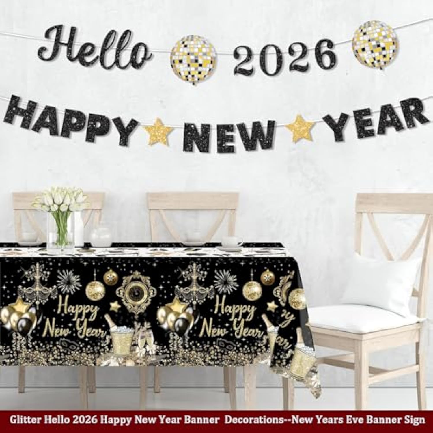 Glitter Hello 2026 Happy New Year Banner Pre-Strung Black for Party Decor