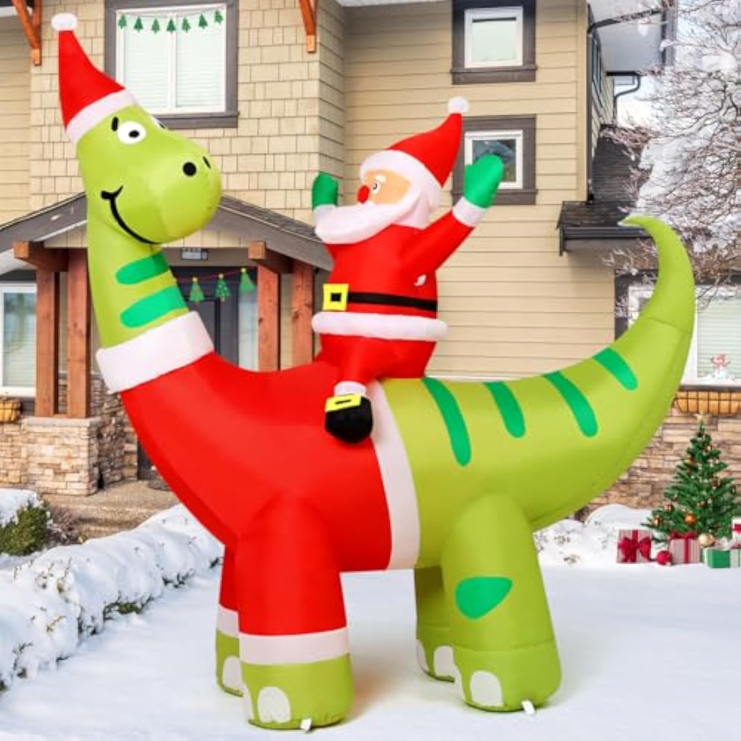 6Ft Christmas Inflatables Outdoor Decorations, Blow Up Santa Claus Riding A Dinosaur Inflatable With Built-In Leds For C