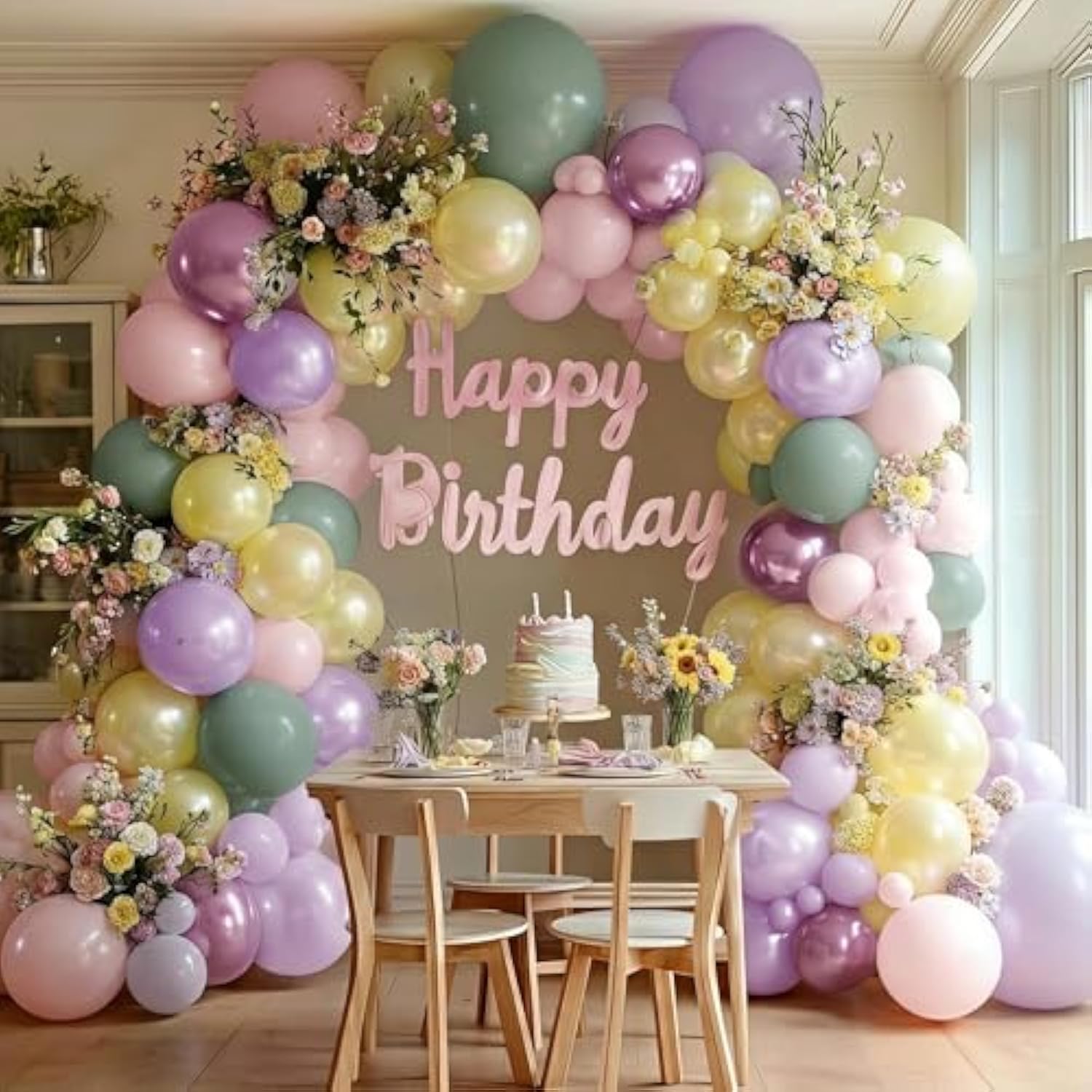 Green Pink Balloon Arch Kit Double Stuffed Light Pastel Purple Yellow Pearl Balloon Garland For Spring Flower Birthday Baby Bloom Fairy Party Decorations