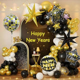 7Pcs 29.5in Black Gold Happy New Year 2026 Foil Balloons Party Decorations