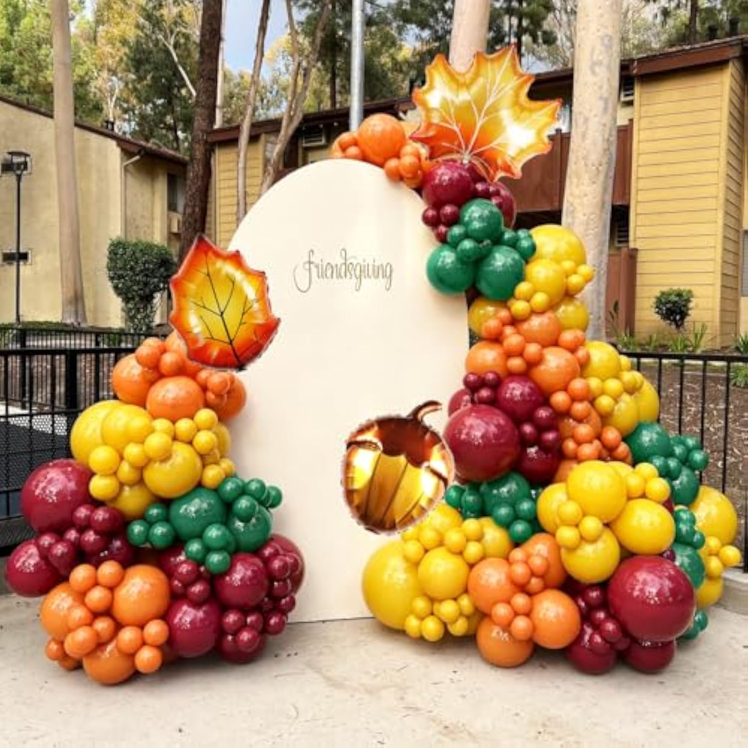 Fall Balloon Arch Kit: Orange, Yellow, Green, Burgundy Balloons, Leaf Decor