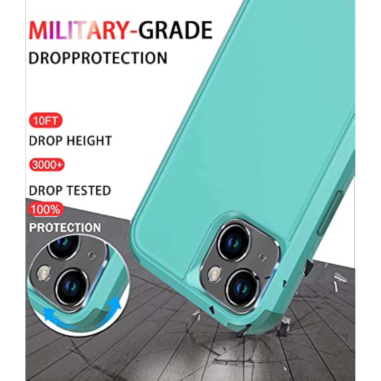 Heavy Duty Protection Phone Case Cover for Apple iPhone 14 Teal - Tempered Glass Screen and Camera Lens Protector
