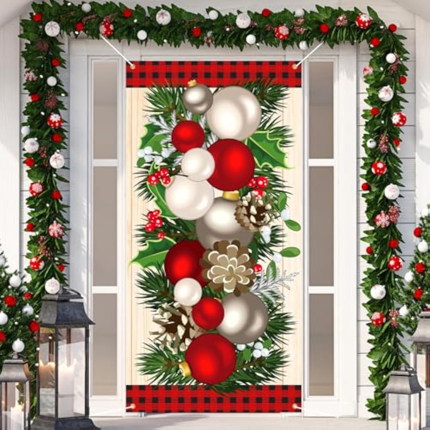 Christmas Door Cover Christmas Ball Door Decorations Xmas Photography Background Banner Porch Sign For Front Outdoor Winter Holiday Farmhouse Party Supplies 70.9 X 35.4''