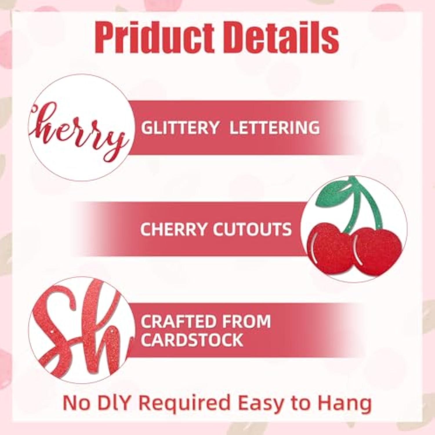 She’S The Cherry On Top Banner – Pre-Strung Red Glitter Cherry Birthday Banner With Bonus Cherry Garland For Girls’ First Birthday, Fruit Theme Party, Summer Picnic, And Baby Shower Decorations