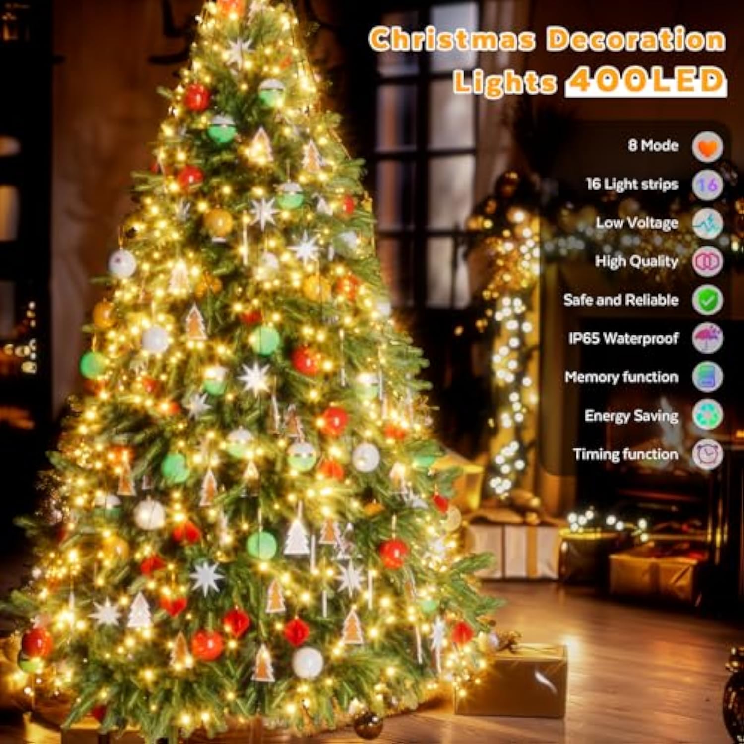 Christmas Tree Lights, 400 Led 8.2Ftx16 Line String Lights Plug In, Cascading Twinkle Lights For Xmas Tree With Timer Memory Function 8 Modes For Indoor Outdoor Wedding Party Decoration (Warm White)