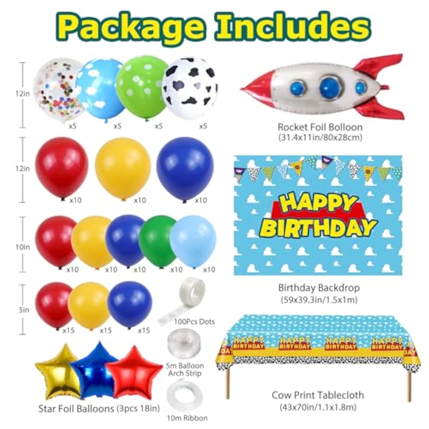 Cartoon 154Pcs Toys Inspired Story Birthday Decorations Including Balloon Arch, Backdrop, Tablecloth And Rocket Balloons, Toys Inspired Story Themed Birthday Party Supplies For Kids