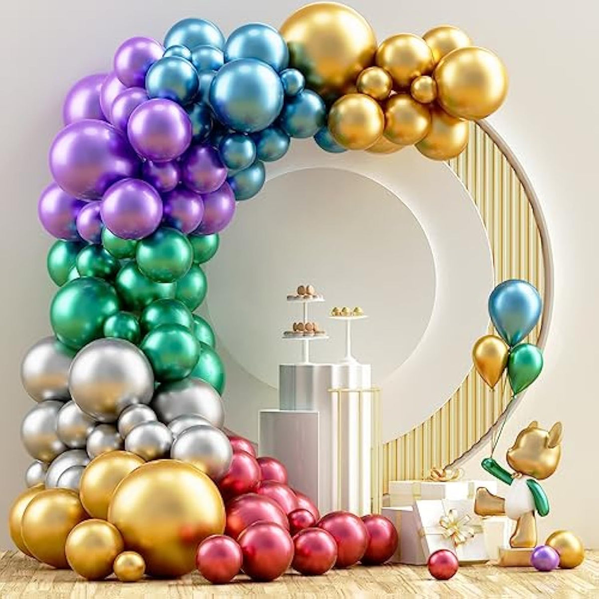Metallic Balloons Arch Garland Kit, 104Pcs 18In 12In 10In 5In Chrome Gold Silver Green Purple Red Balloons For Engagement Wedding Birthday Baby Shower Anniversary Celebration Decorations