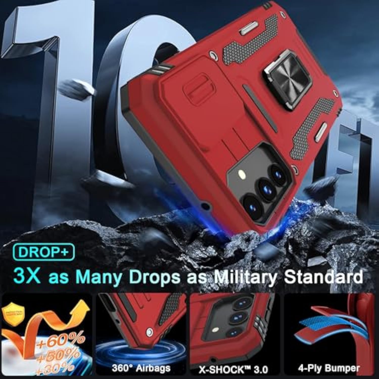 Case For Samsung Galaxy A16 5G With Slide Camera Cover+Screen Protector (1 Pack), Rotated Ring Kickstand Military Grade Shockproof Protective Cover-Red