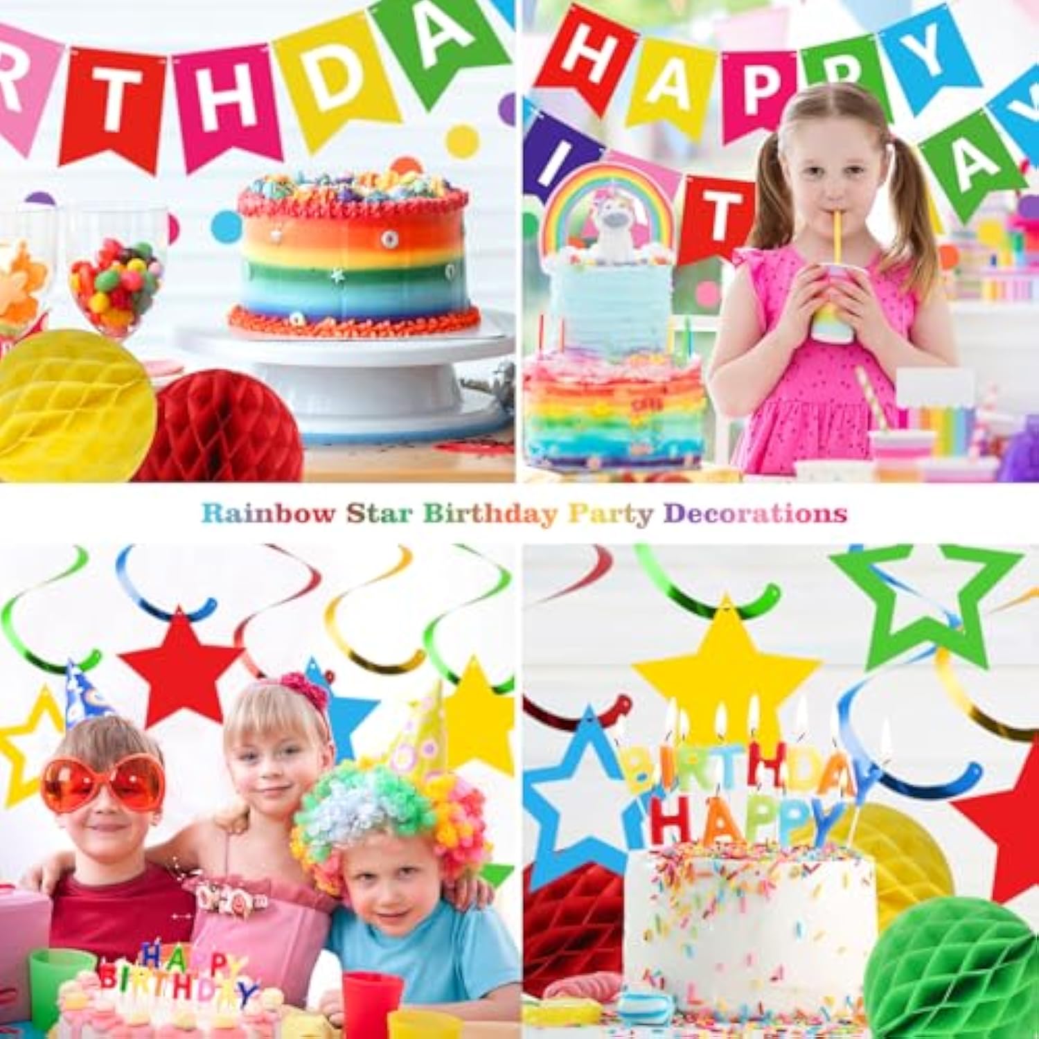 Birthday Decorations, Happy Birthday Banner With Honeycomb Balls, Stars Hanging Swirls Streamers, Circle Dots Garland, Happy Birthday Party Decorations For Women Men Boys Girls (Rainbow)