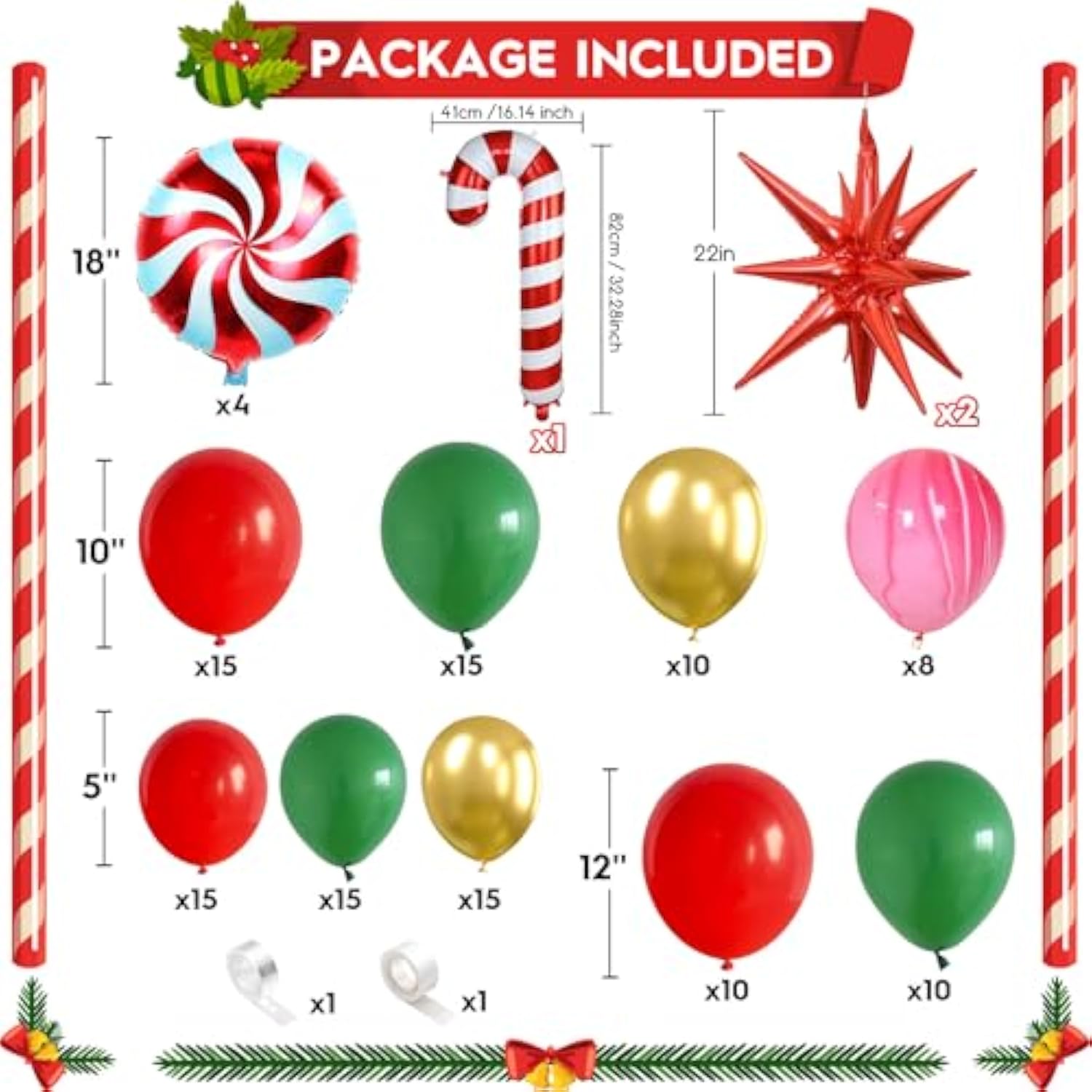 124pc Red Green Gold Christmas Balloon Arch Kit with Santa & Star Foils