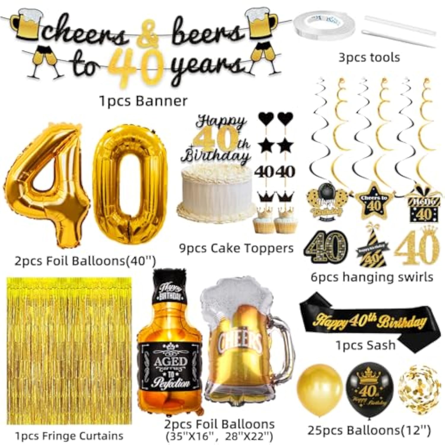 40Th Birthday Decorations For Him, 40Th Birthday Party Decorations Black And Gold Decorations With Gold 40 Number Balloons,Cheers To 40 Years Banner For Men Happy 40Th Birthday Decorations