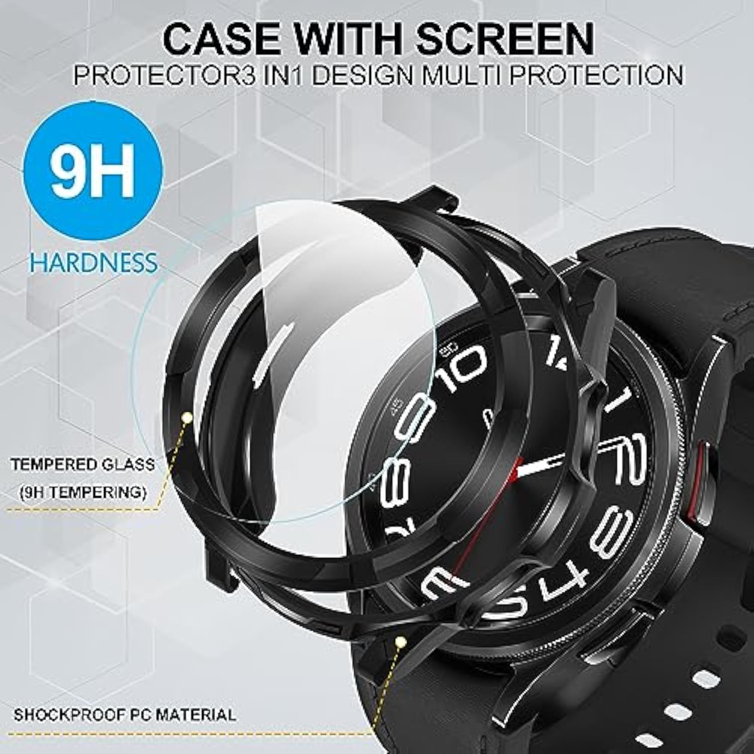 3 In 1 For Samsung Galaxy Watch 6 Classic 43Mm Case, Hd Tempered Glass Screen Protector, All-Around Protective Tpu Bumper Cover - Black