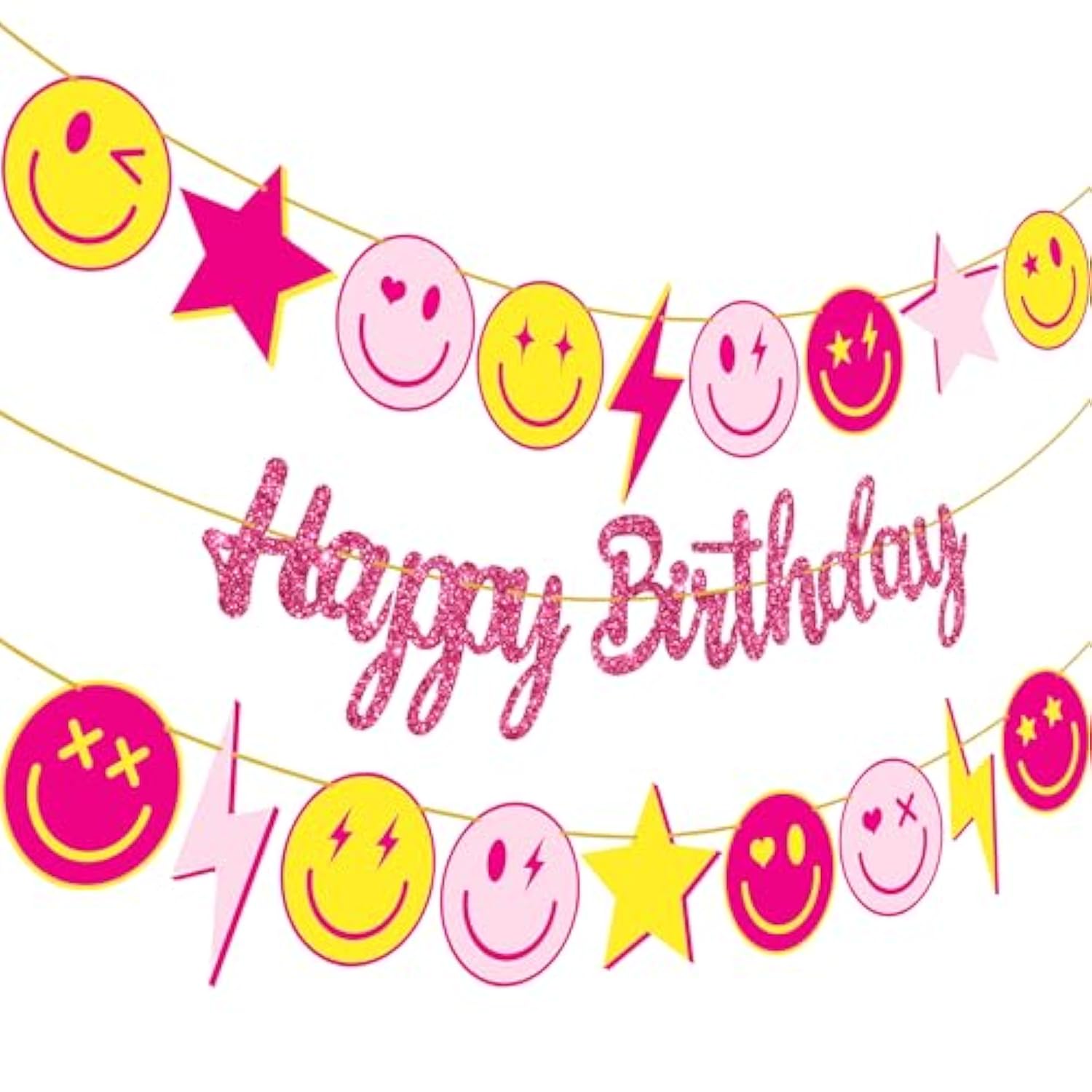 Preppy Birthday Party Decoration Rose Red Happy Birthday Banner Pink Yellow Smile Face Lightning Star Design Banners For Preppy Theme Birthday Party Bachelorette Party Supplies