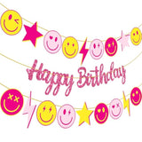 Preppy Birthday Party Decoration Rose Red Happy Birthday Banner Pink Yellow Smile Face Lightning Star Design Banners For Preppy Theme Birthday Party Bachelorette Party Supplies