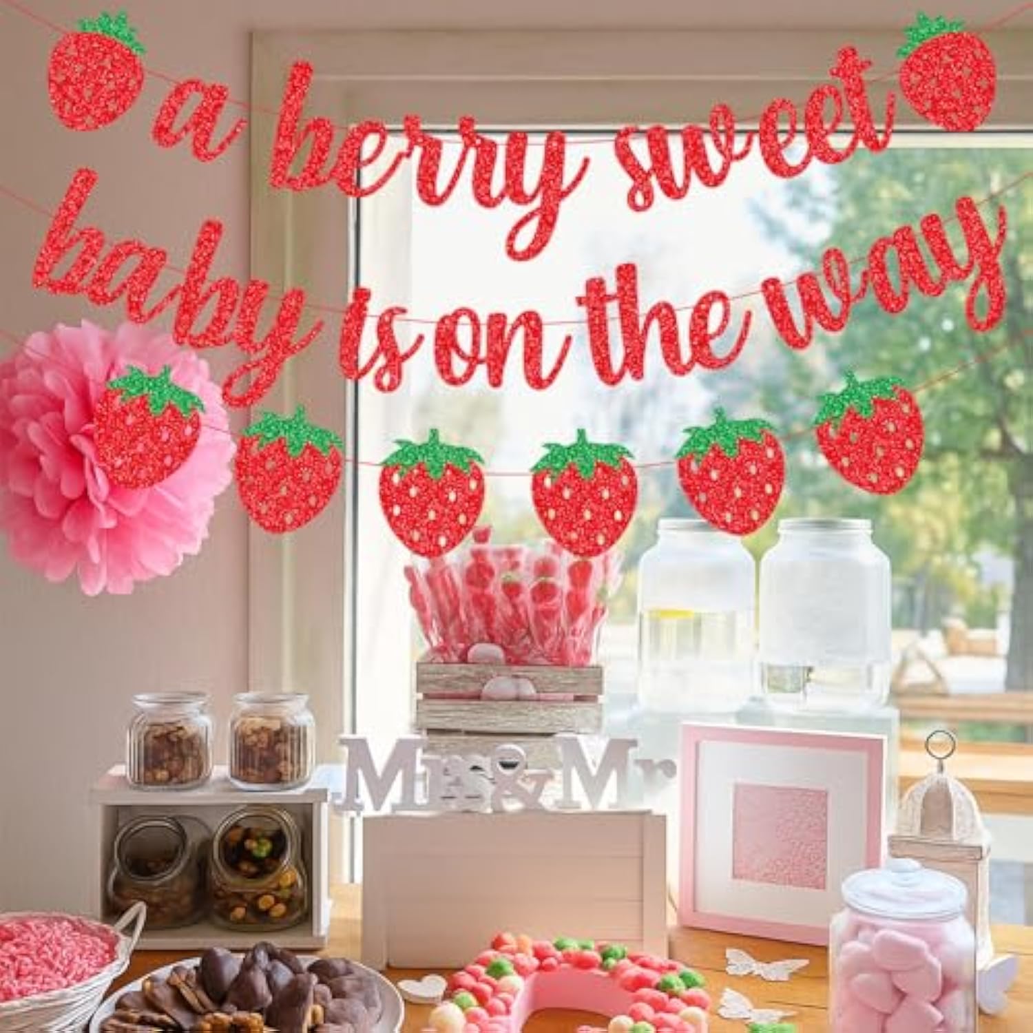 A Berry Sweet Baby Is On The Way Banner With Strawberry Garland, Berry Fruit Themed Baby Shower Gender Reveal Decorations, Summer Garland Photo Prop For Indoor Outdoor Welcome Baby Party Supplies