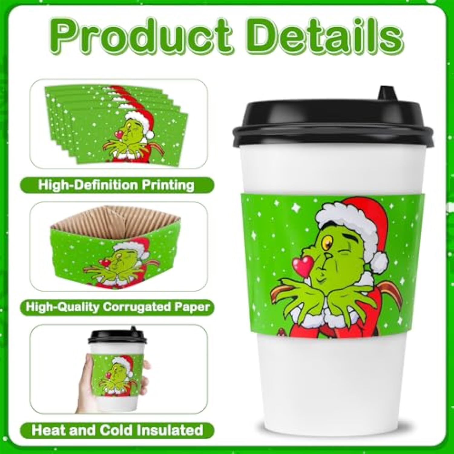 48 Pcs Christmas Coffee Tea Cup Sleeves Green Cartoon Character Christmas Cup Sleeves For 12 & 16Oz Disposable Paper Cup For Christmas Party Hot Chocolate Cocoa Cold Beverage